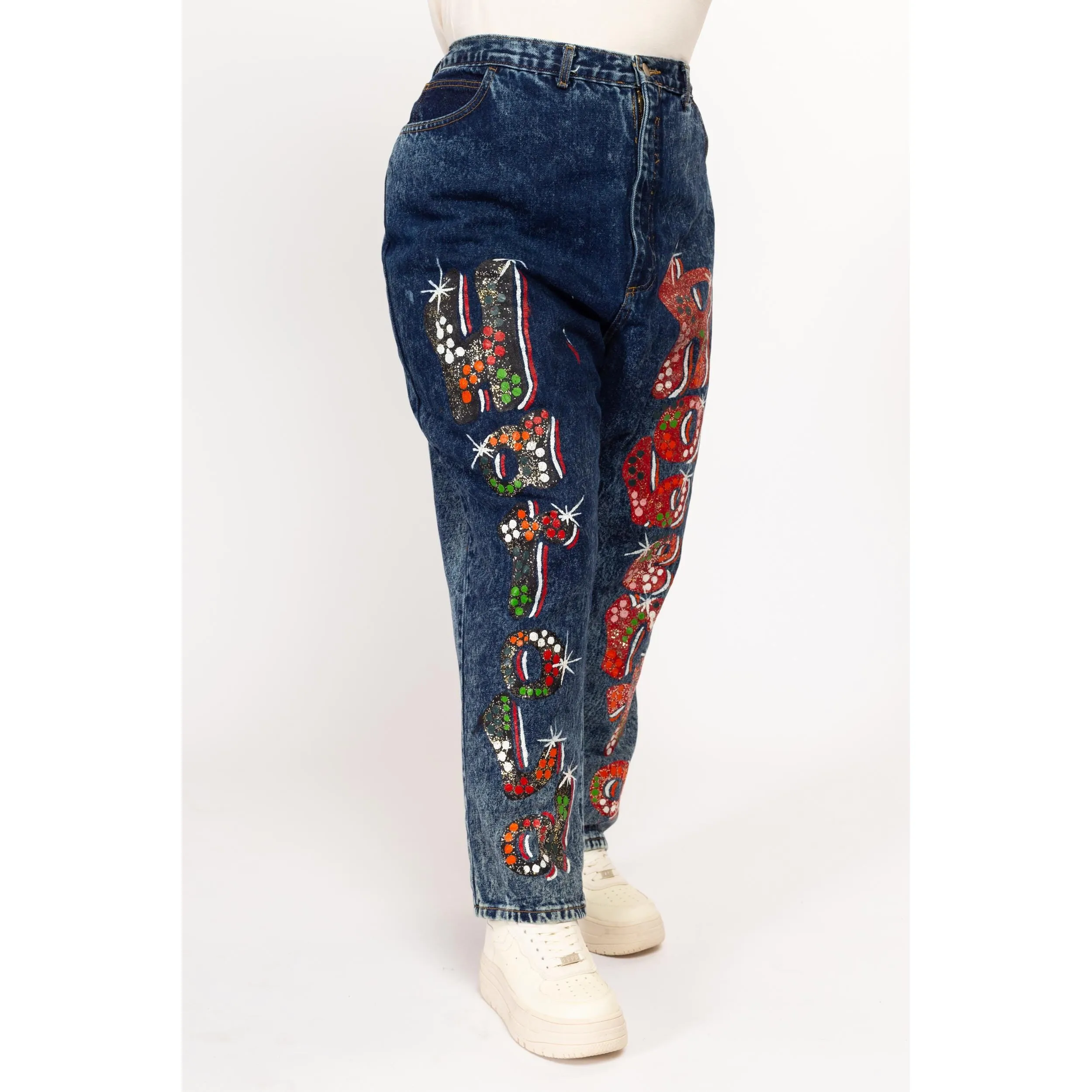 2X 80s Acid Wash Painted Graffiti Jeans 42"