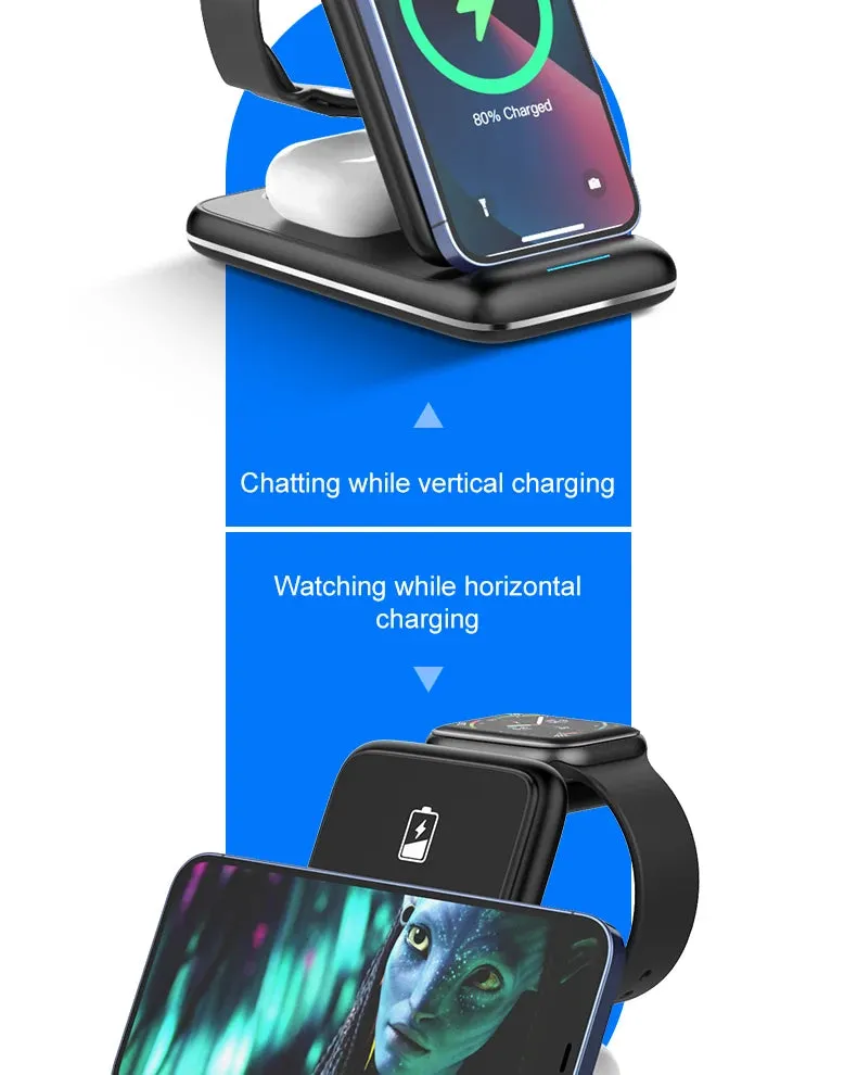 3 in 1 Wireless Charger Stand Foldable for iPhone 14 13 12 11 XS XR X 8 Apple Watch 8 7 6 Airpods Pro 15W Fast Charging Station