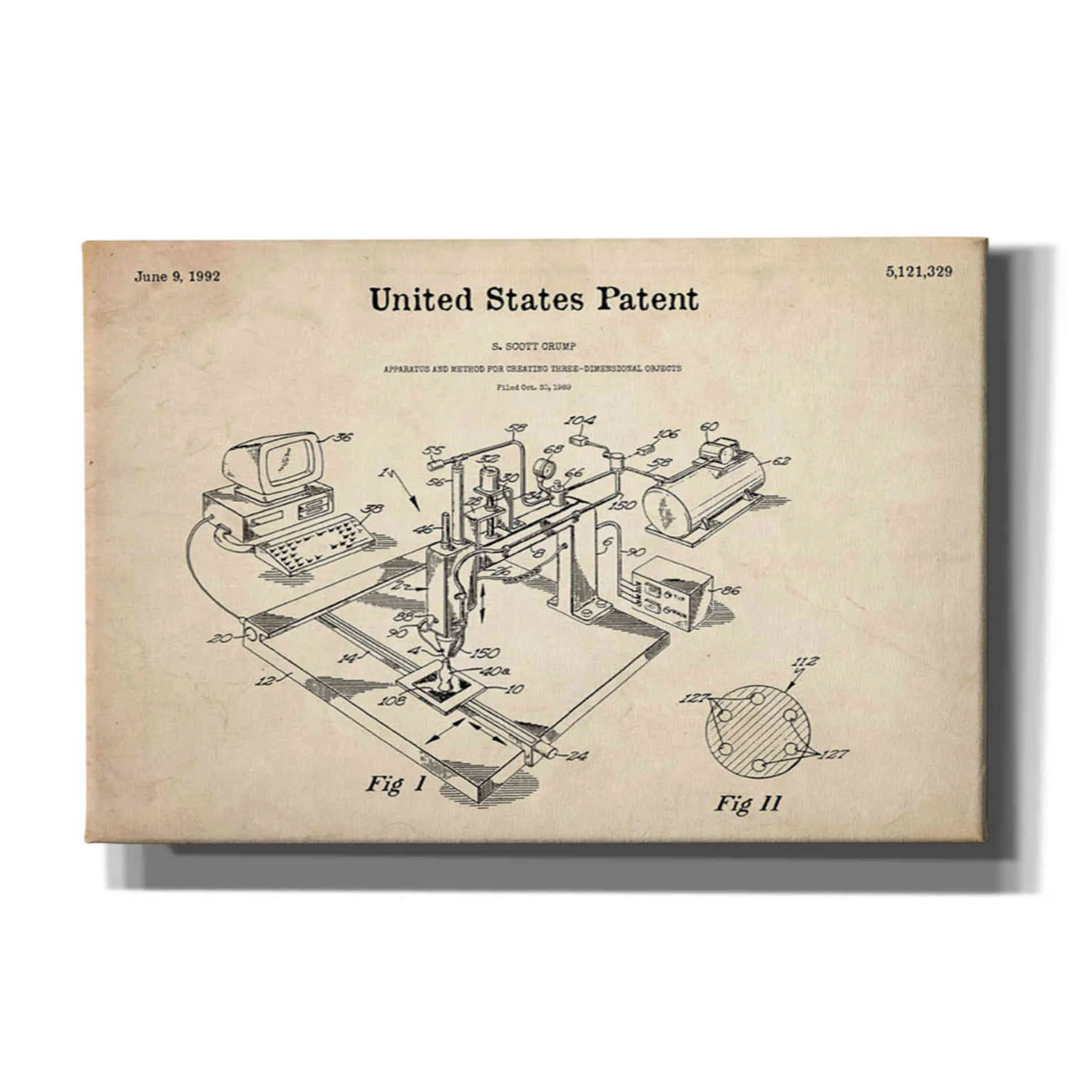 '3D Printer Blueprint Patent Parchment' Canvas Wall Art