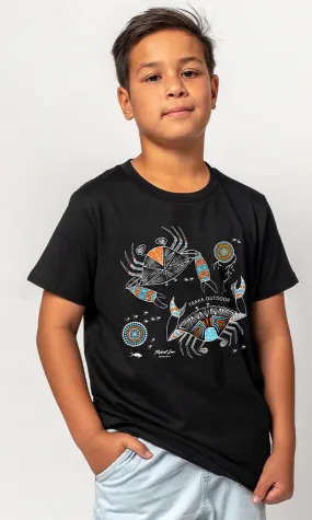 Aboriginal Art Kids Cotton T-Shirt Mudcrab Black