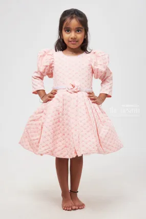 Adorable Pink Dress with Patterned Design & Rose Embellishment for Girls