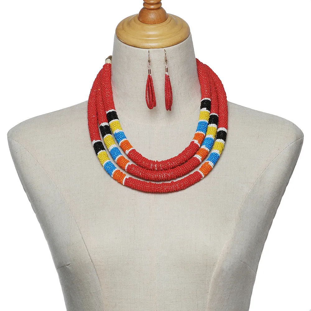 African Inspired Colorful Rice Bead Necklace Set in Multilayers with Amazon Jewelry Anklet