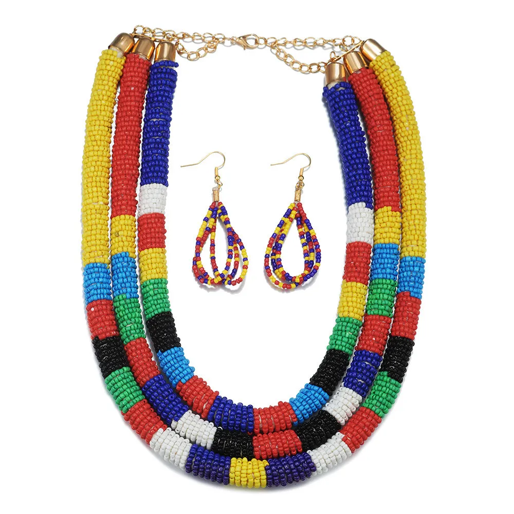 African Inspired Colorful Rice Bead Necklace Set in Multilayers with Amazon Jewelry Anklet