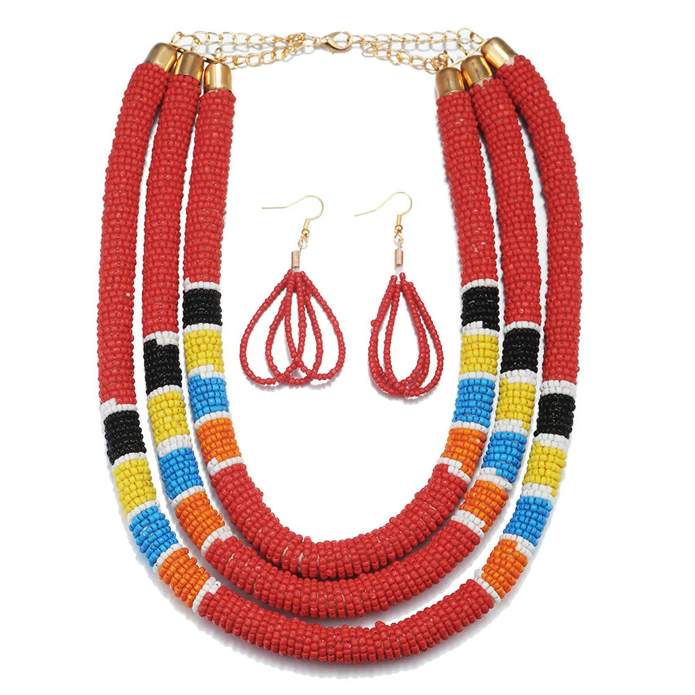 African Inspired Colorful Rice Bead Necklace Set in Multilayers with Amazon Jewelry Anklet