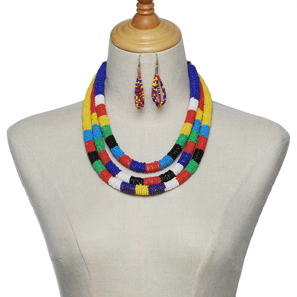 African Inspired Colorful Rice Bead Necklace Set in Multilayers with Amazon Jewelry Anklet