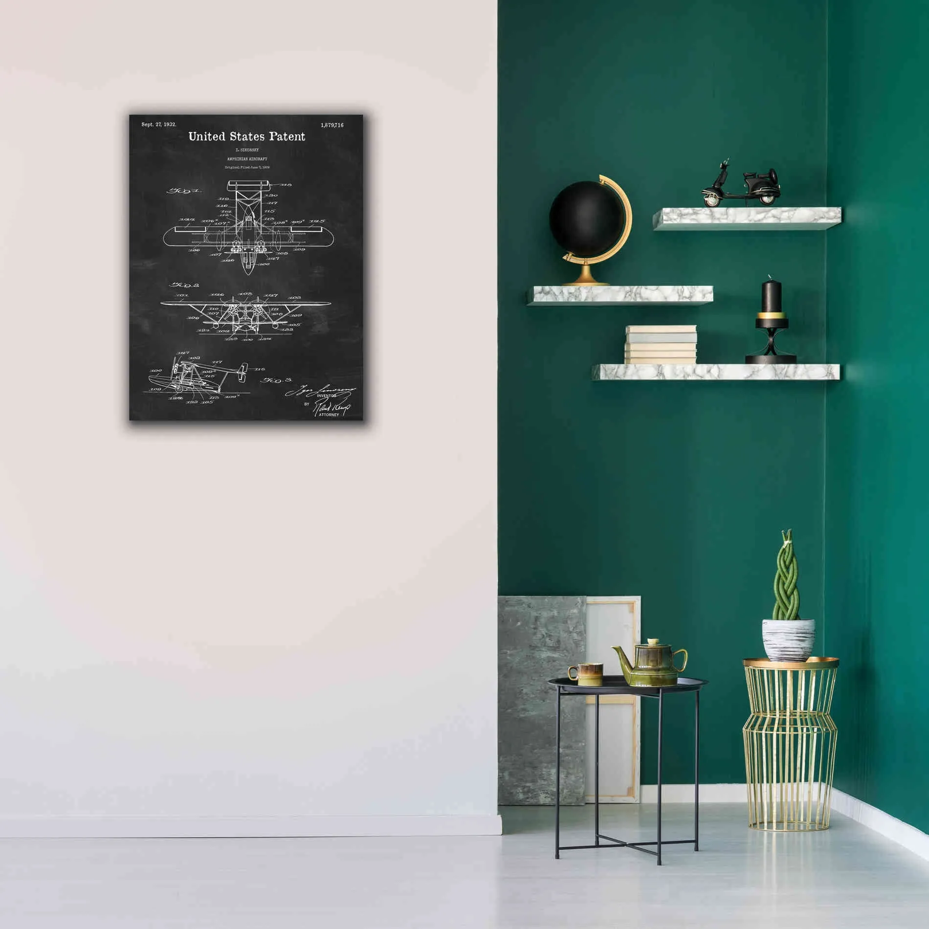 'Amphibian Aircraft Blueprint Patent Chalkboard,' Canvas Wall Art