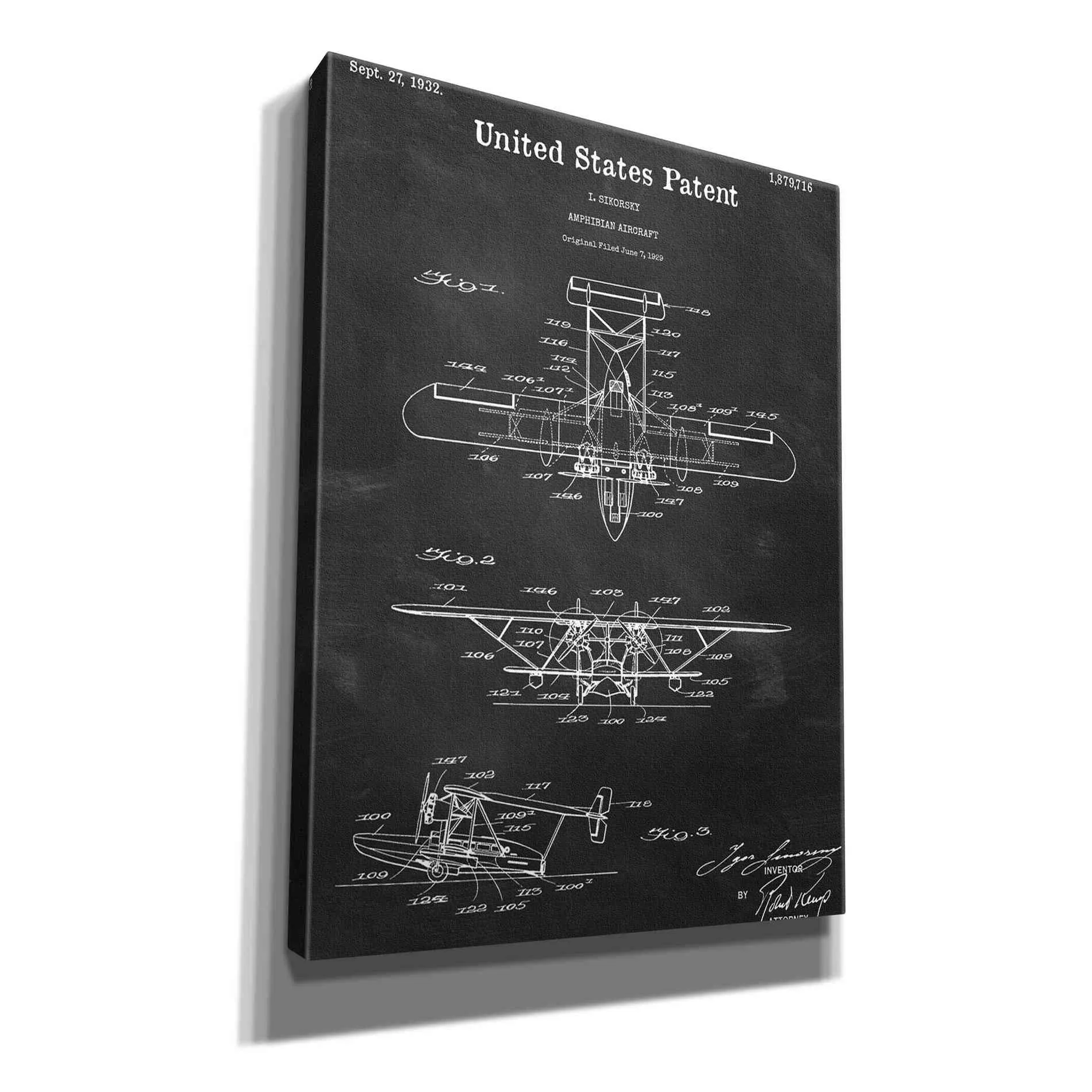 'Amphibian Aircraft Blueprint Patent Chalkboard,' Canvas Wall Art