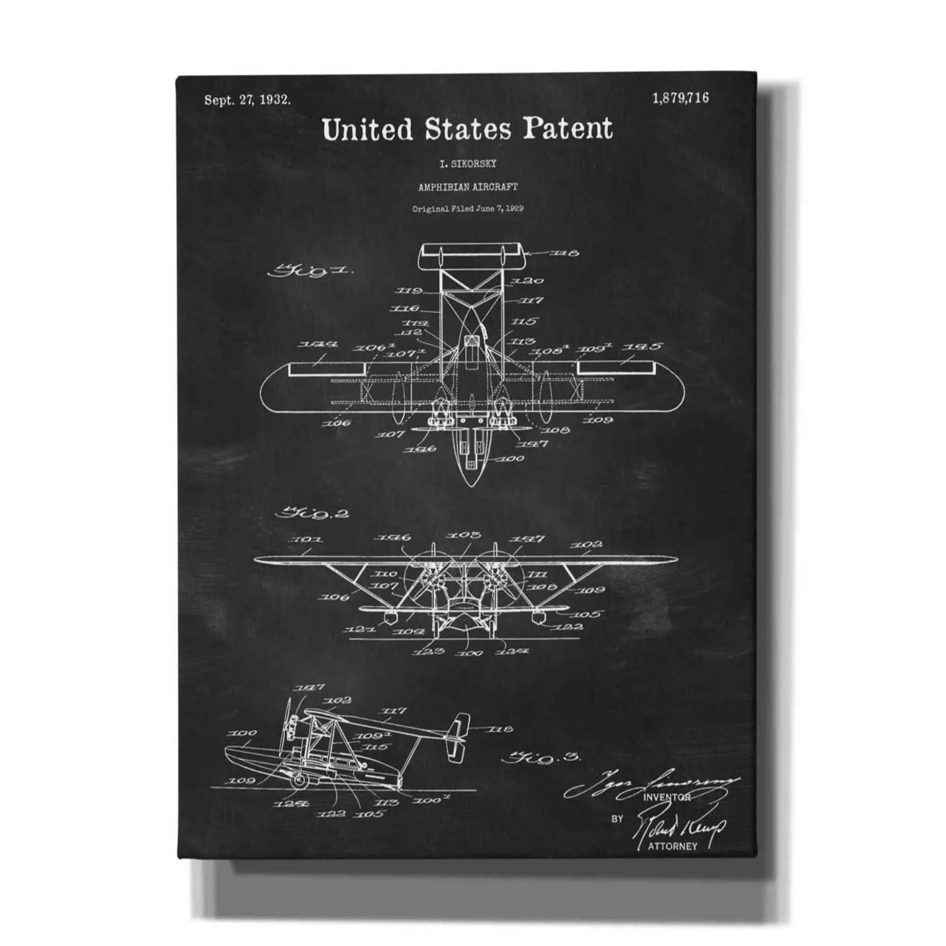 'Amphibian Aircraft Blueprint Patent Chalkboard,' Canvas Wall Art