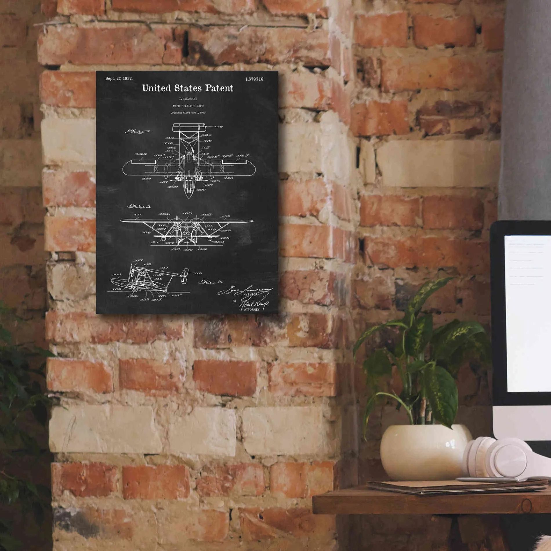 'Amphibian Aircraft Blueprint Patent Chalkboard,' Canvas Wall Art