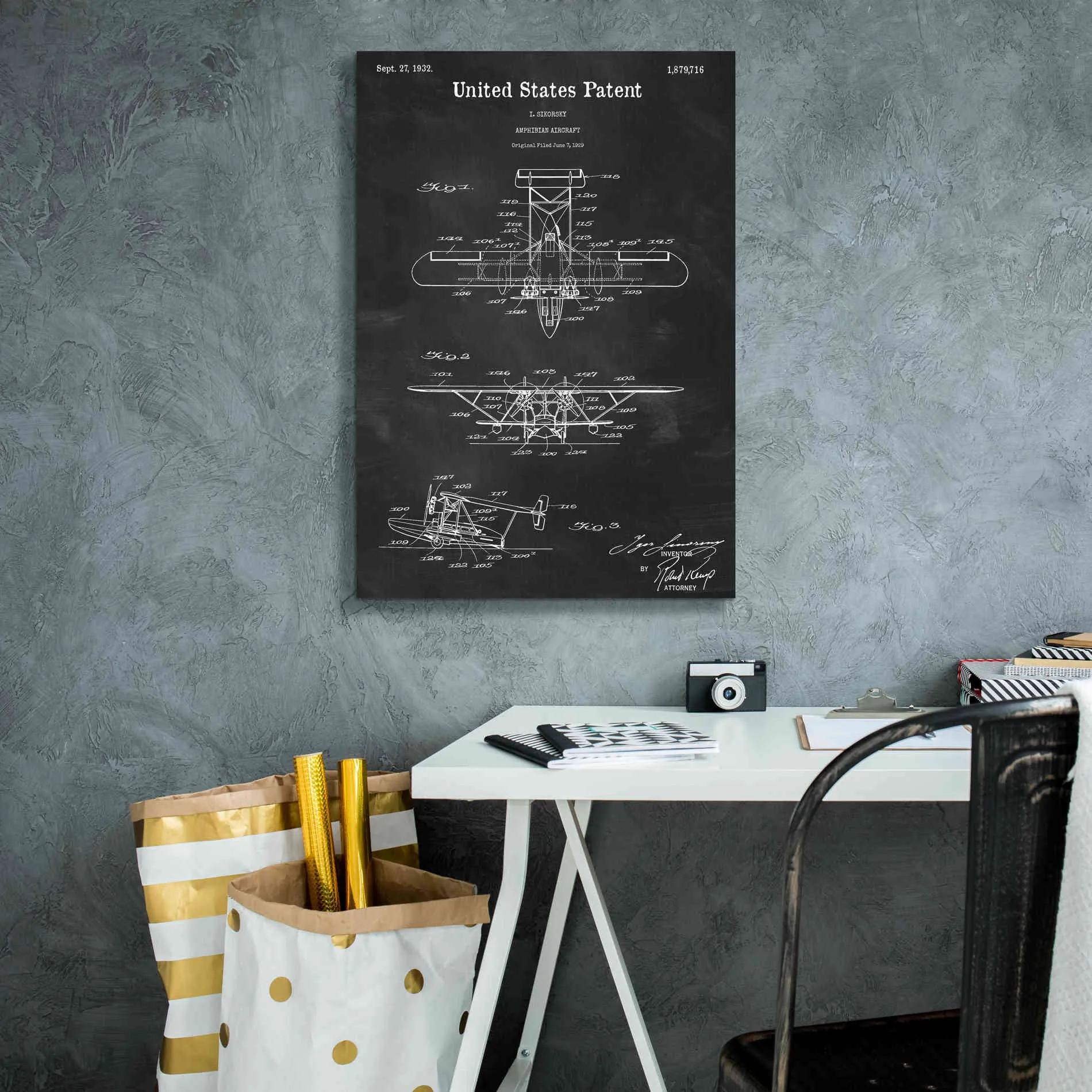 'Amphibian Aircraft Blueprint Patent Chalkboard,' Canvas Wall Art