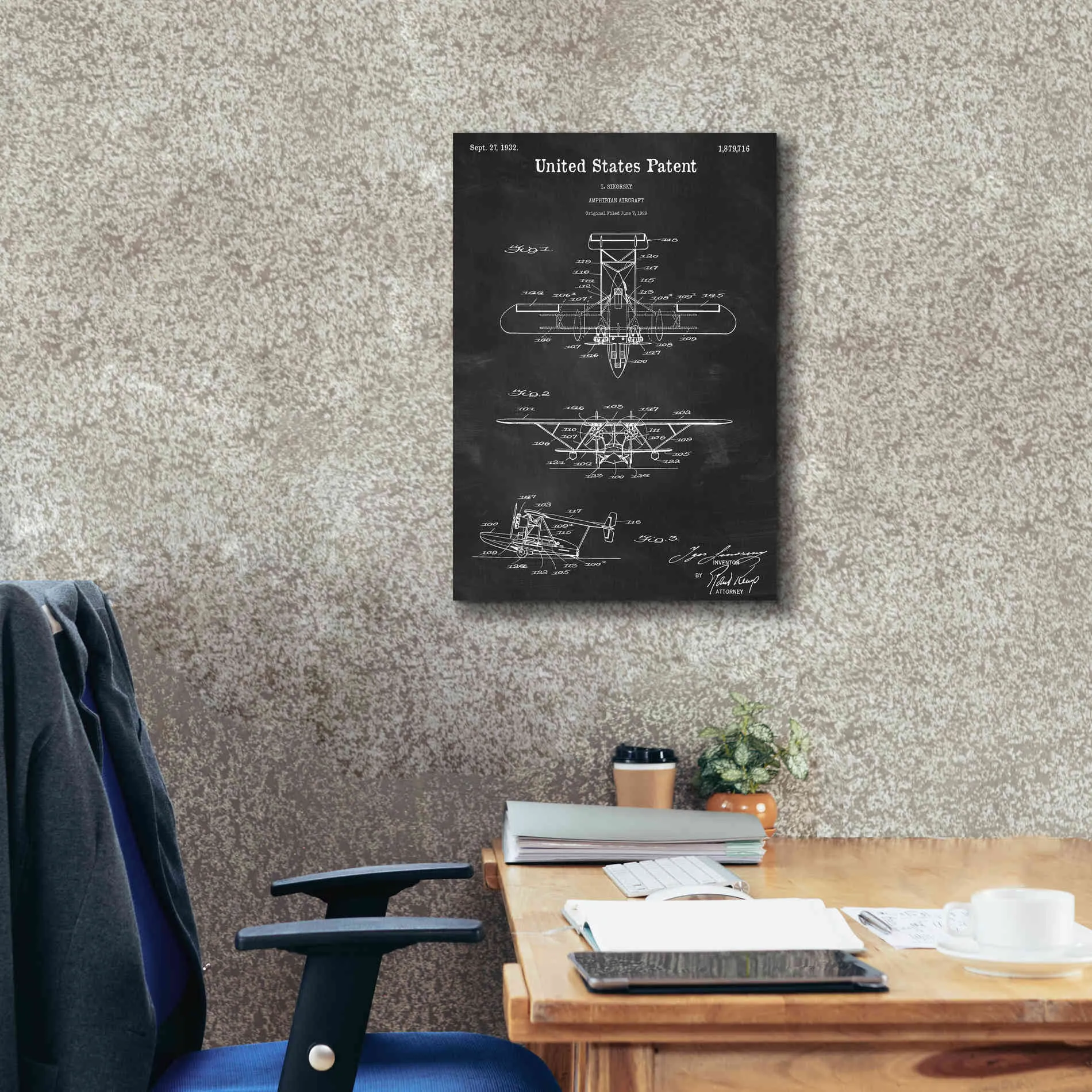 'Amphibian Aircraft Blueprint Patent Chalkboard,' Canvas Wall Art