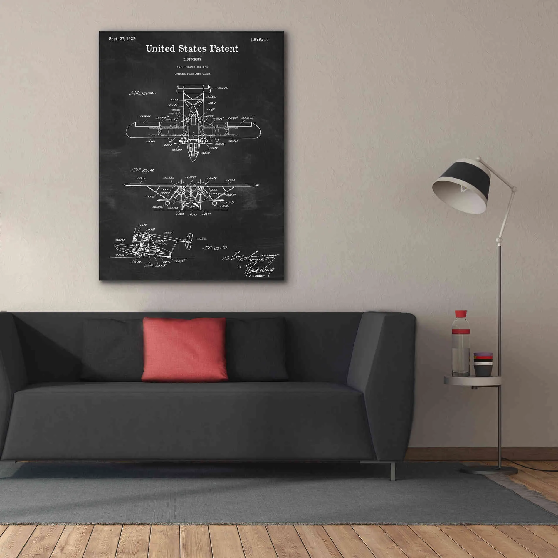 'Amphibian Aircraft Blueprint Patent Chalkboard,' Canvas Wall Art