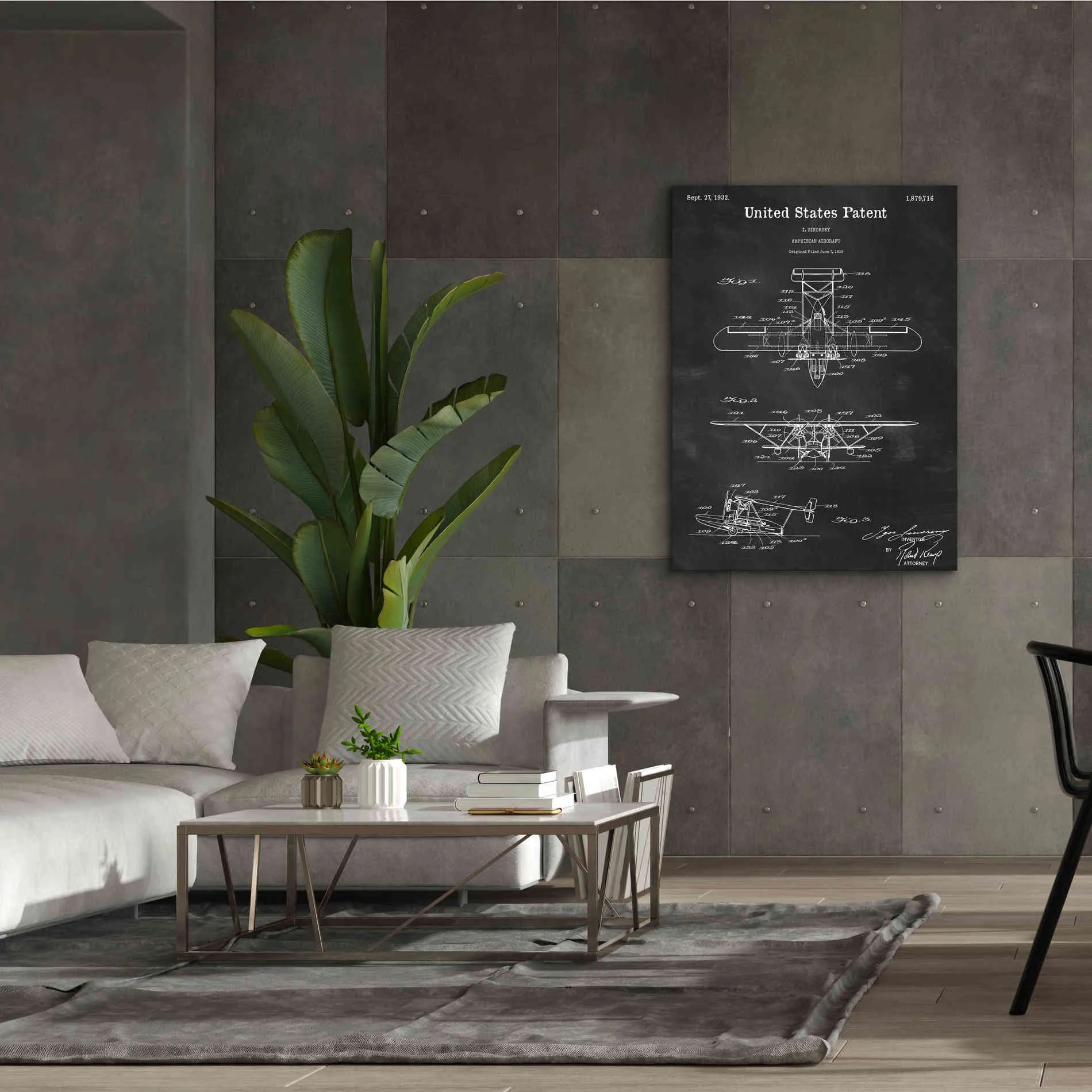 'Amphibian Aircraft Blueprint Patent Chalkboard,' Canvas Wall Art