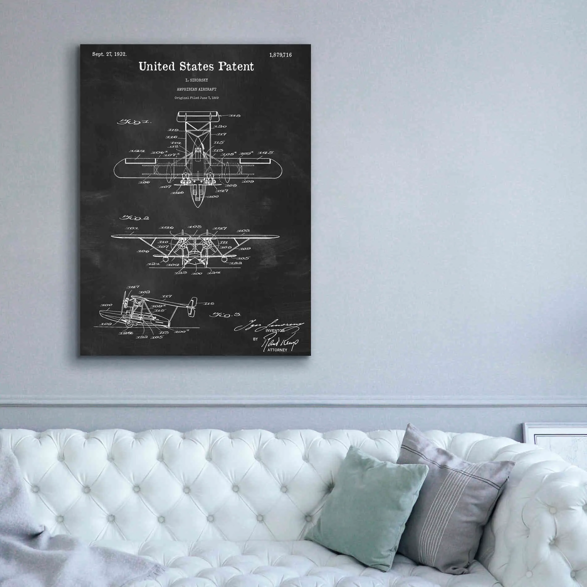 'Amphibian Aircraft Blueprint Patent Chalkboard,' Canvas Wall Art