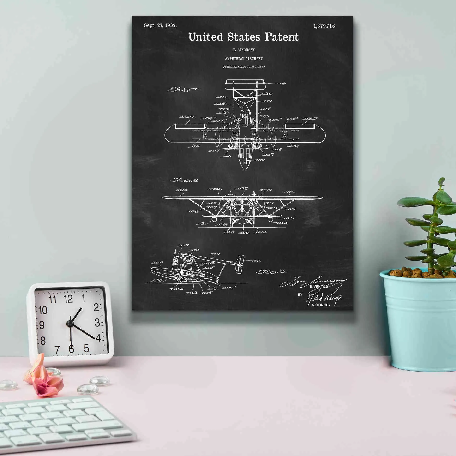 'Amphibian Aircraft Blueprint Patent Chalkboard,' Canvas Wall Art