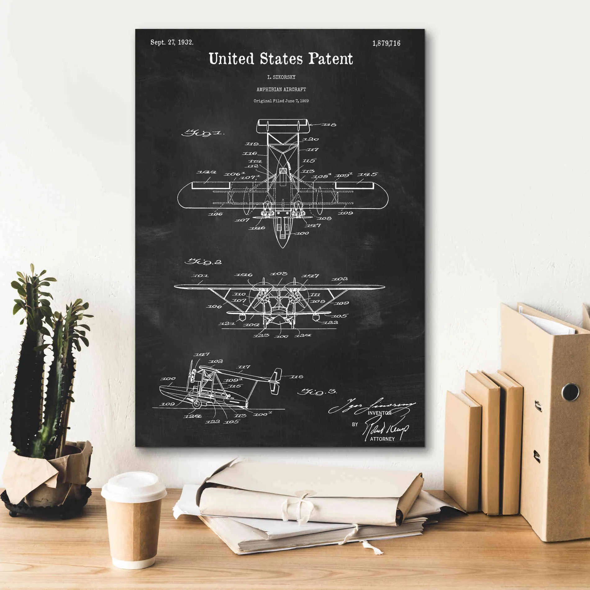 'Amphibian Aircraft Blueprint Patent Chalkboard,' Canvas Wall Art