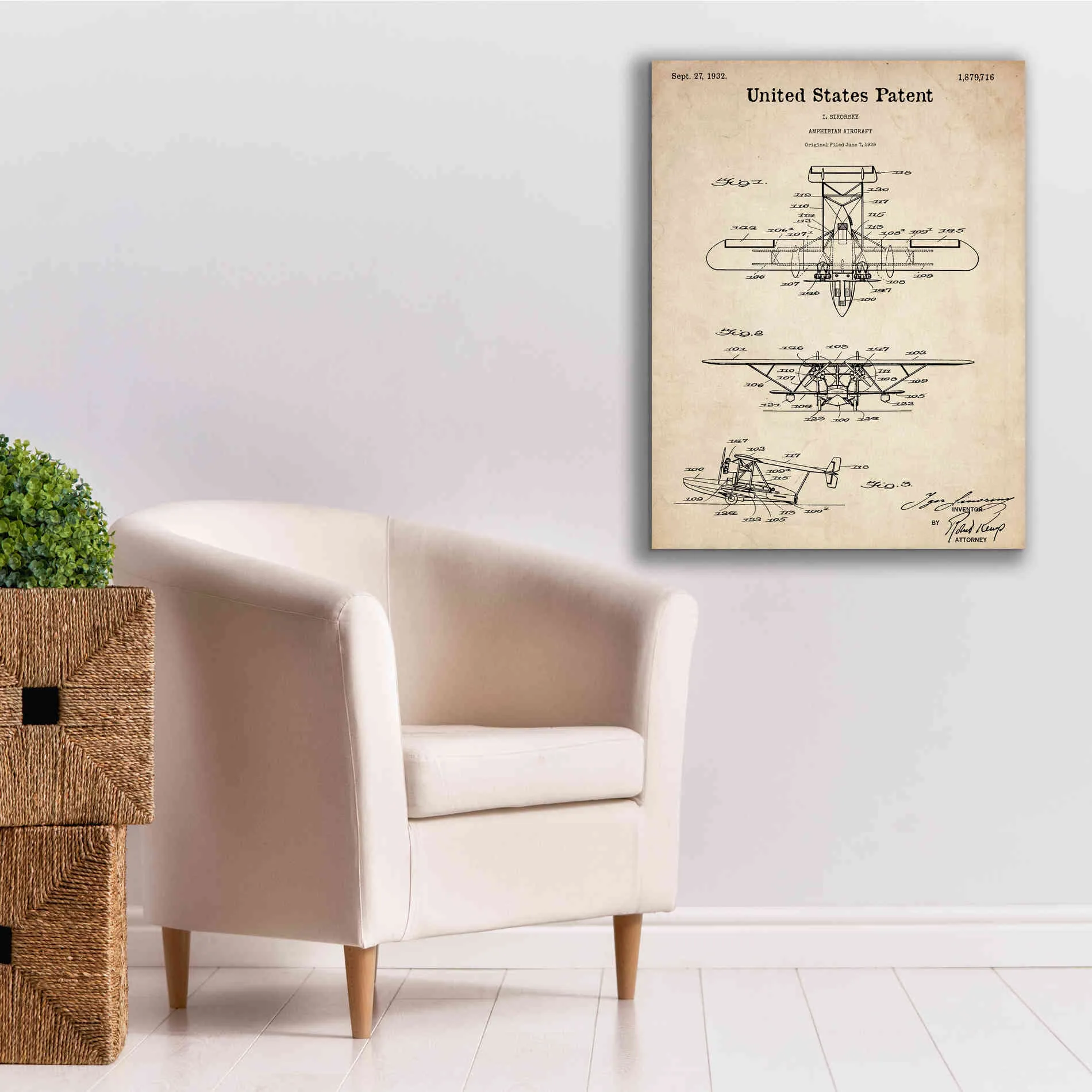 'Amphibian Aircraft Blueprint Patent Parchment,' Canvas Wall Art