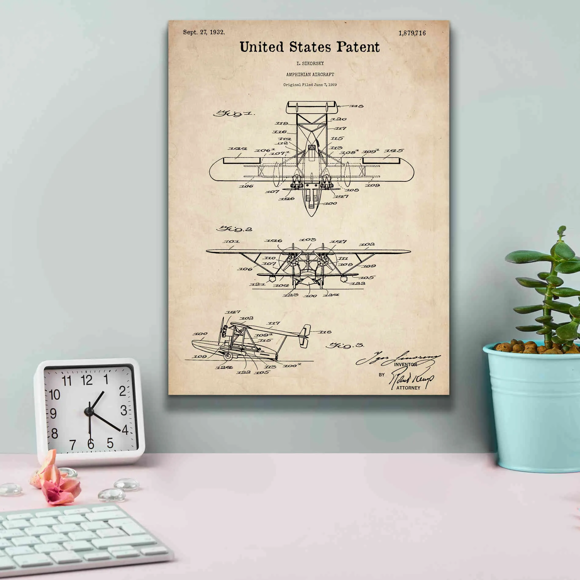 'Amphibian Aircraft Blueprint Patent Parchment,' Canvas Wall Art