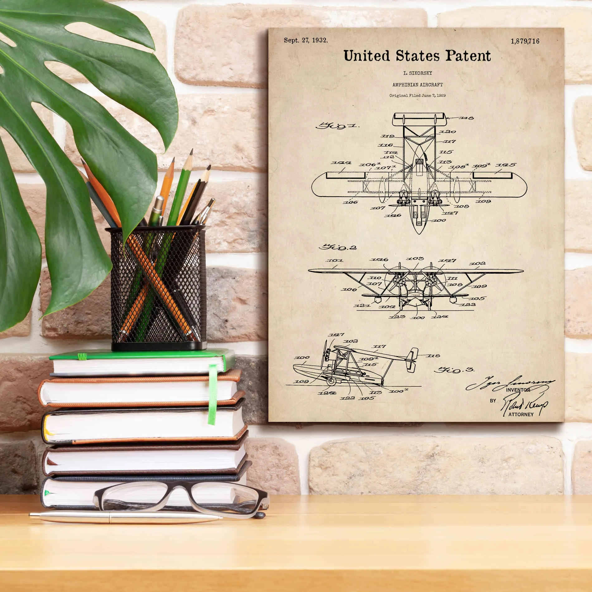 'Amphibian Aircraft Blueprint Patent Parchment,' Canvas Wall Art