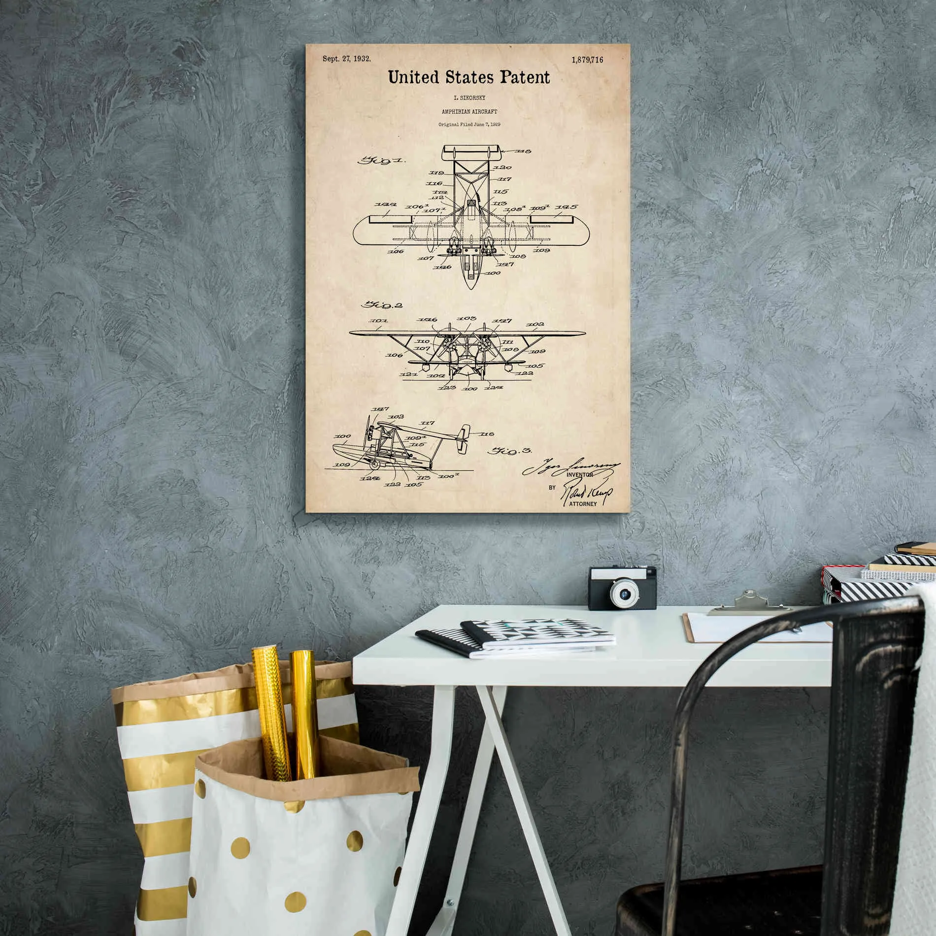 'Amphibian Aircraft Blueprint Patent Parchment,' Canvas Wall Art