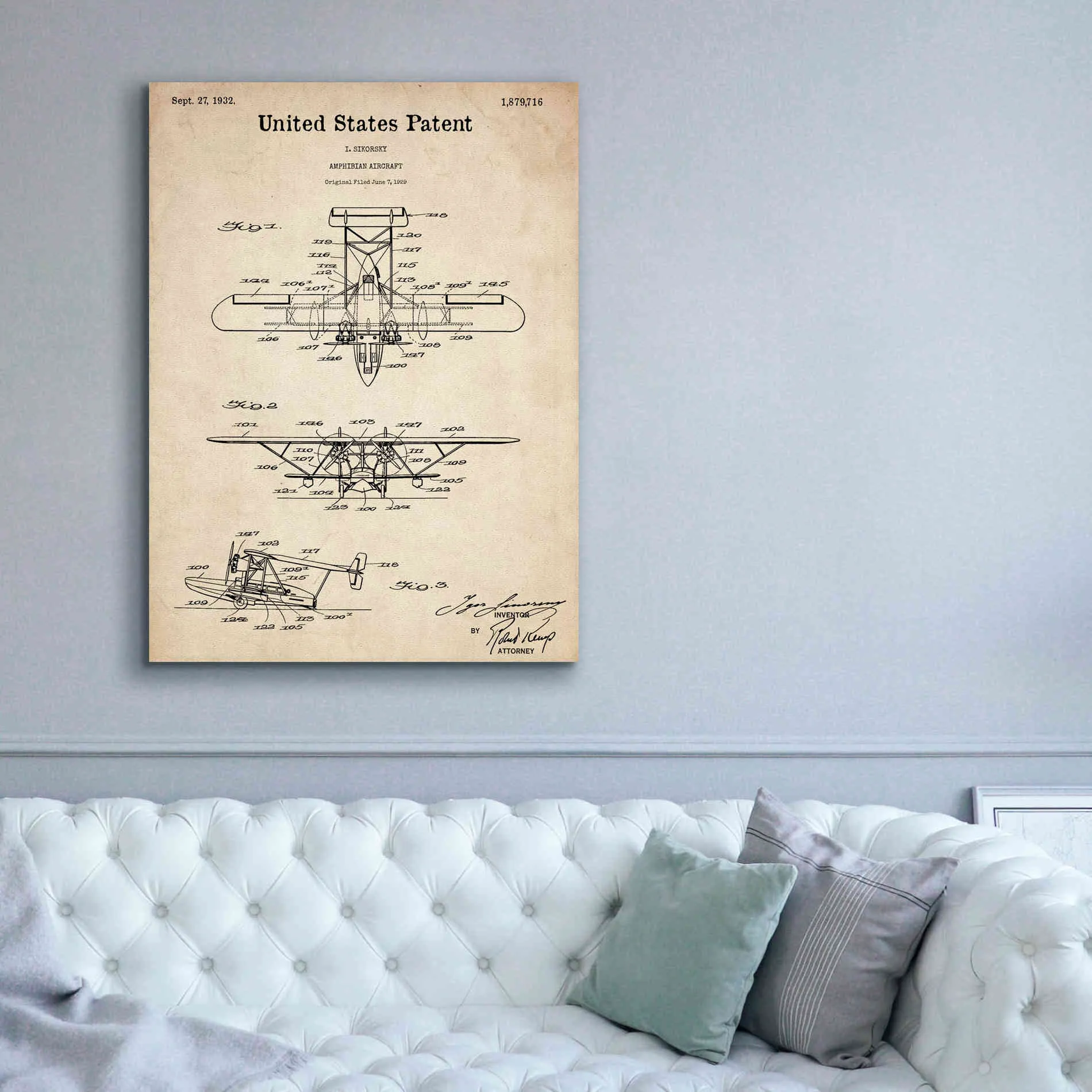 'Amphibian Aircraft Blueprint Patent Parchment,' Canvas Wall Art