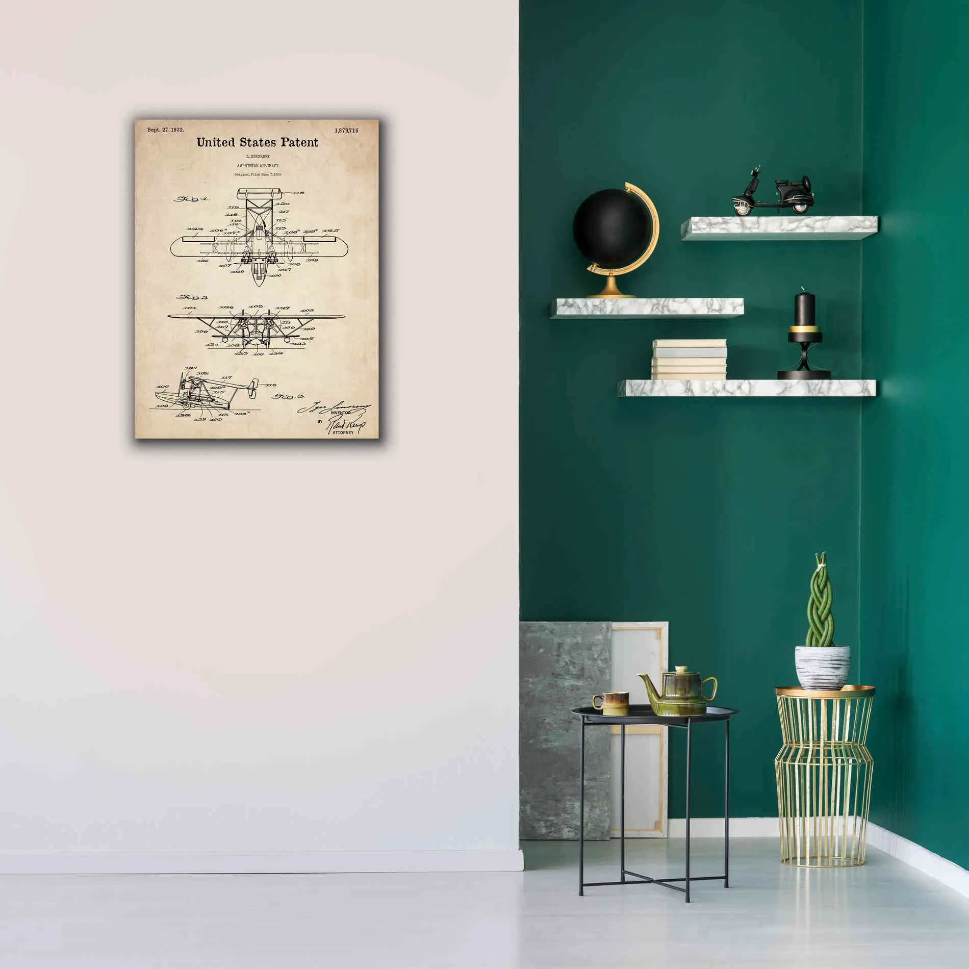 'Amphibian Aircraft Blueprint Patent Parchment,' Canvas Wall Art