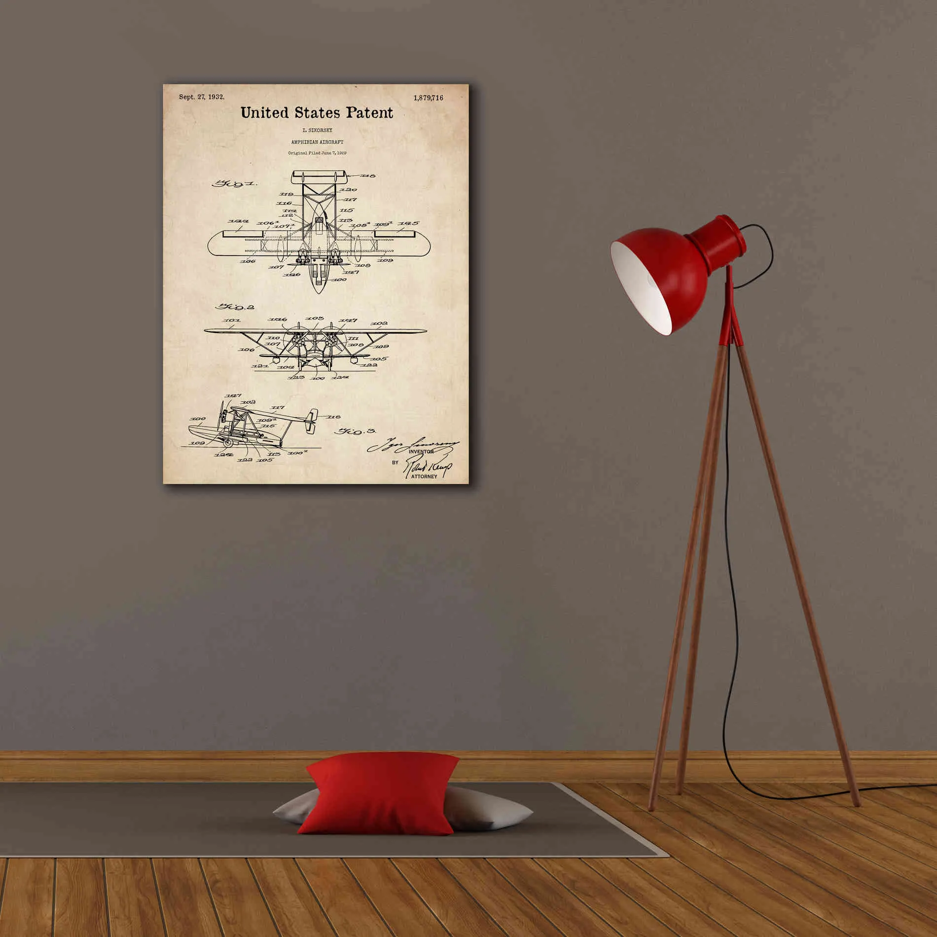 'Amphibian Aircraft Blueprint Patent Parchment,' Canvas Wall Art