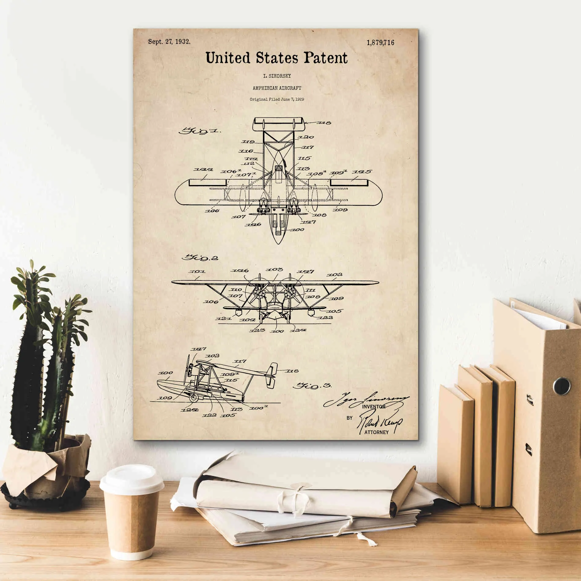 'Amphibian Aircraft Blueprint Patent Parchment,' Canvas Wall Art