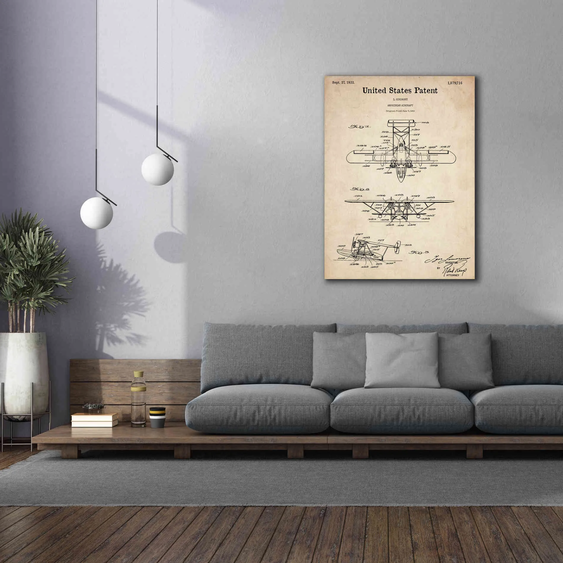 'Amphibian Aircraft Blueprint Patent Parchment,' Canvas Wall Art