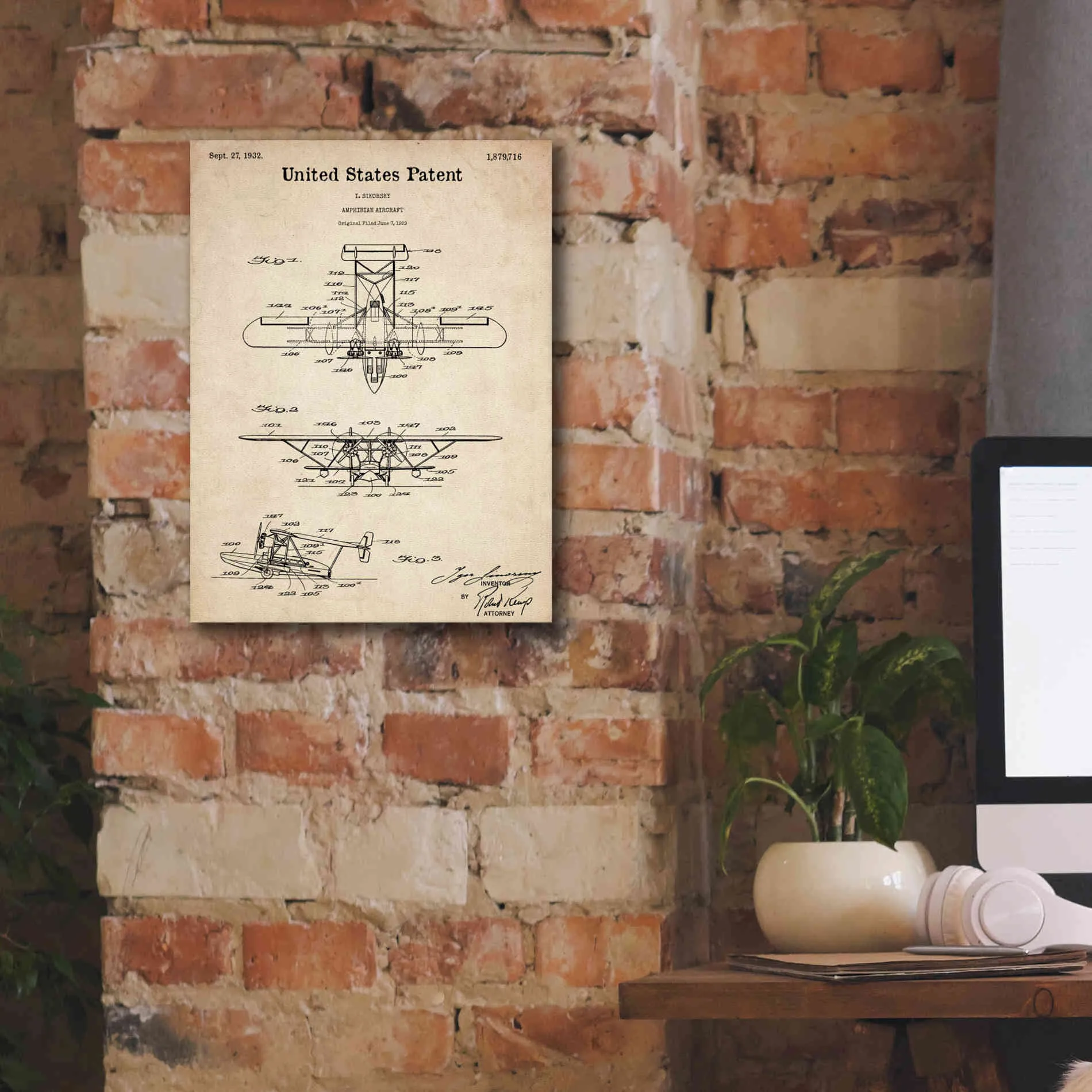 'Amphibian Aircraft Blueprint Patent Parchment,' Canvas Wall Art