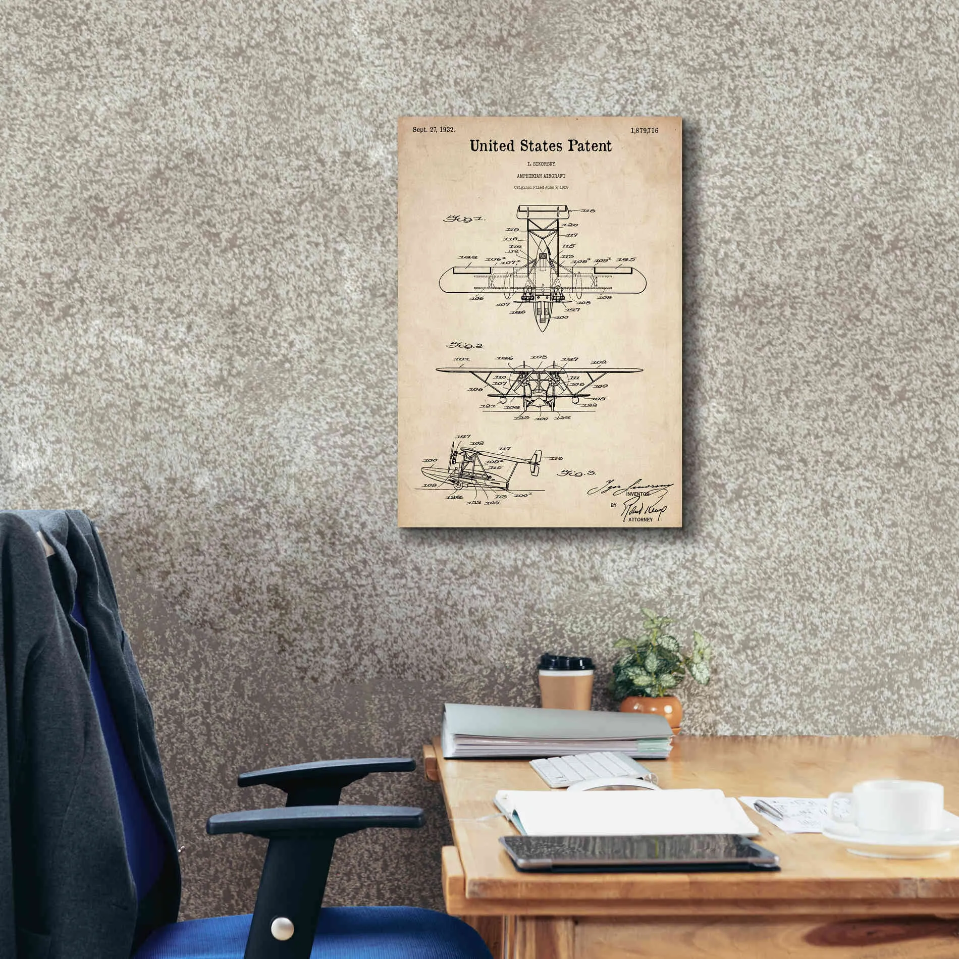 'Amphibian Aircraft Blueprint Patent Parchment,' Canvas Wall Art