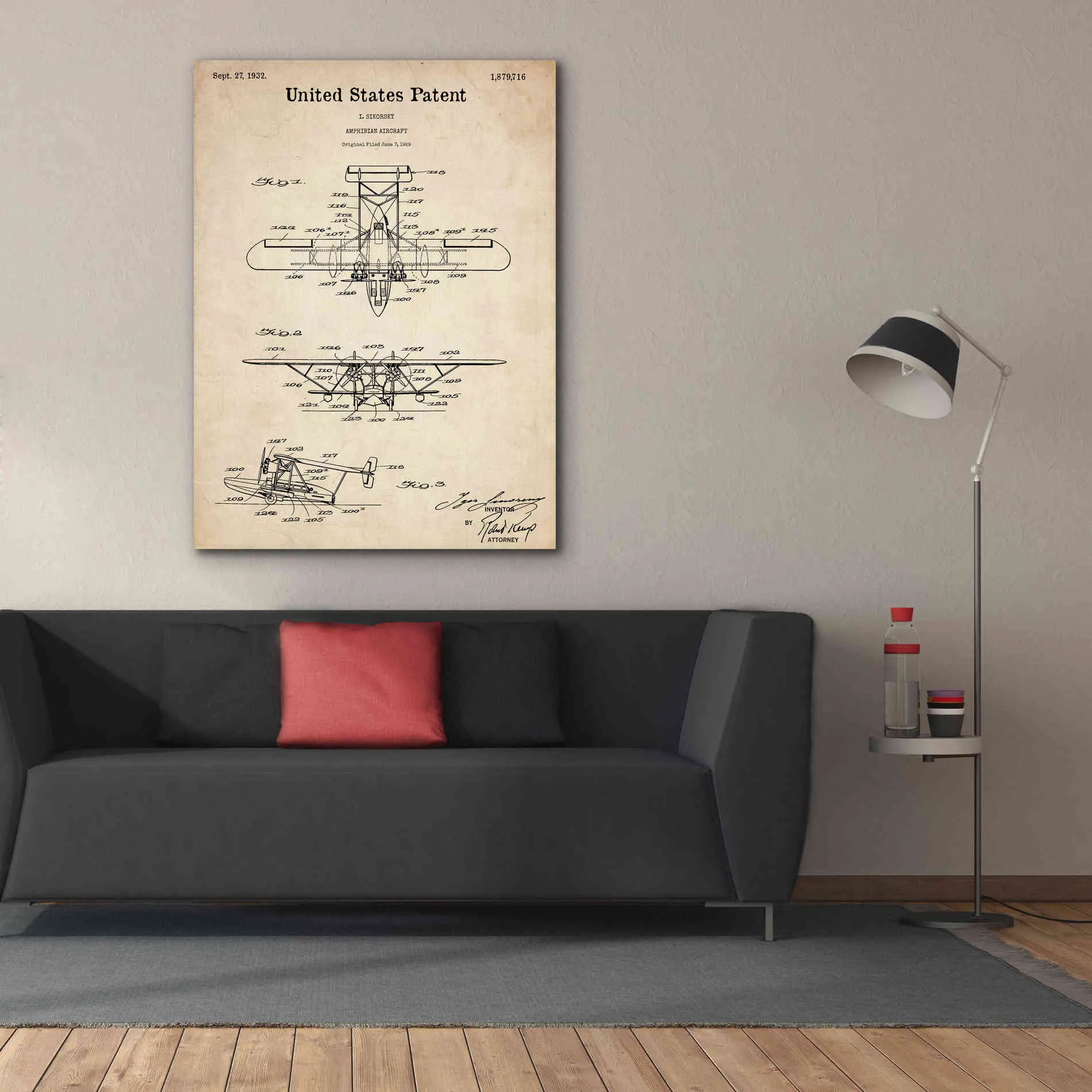 'Amphibian Aircraft Blueprint Patent Parchment,' Canvas Wall Art