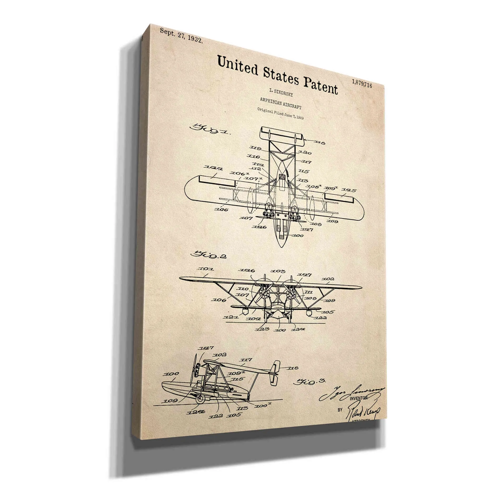 'Amphibian Aircraft Blueprint Patent Parchment,' Canvas Wall Art