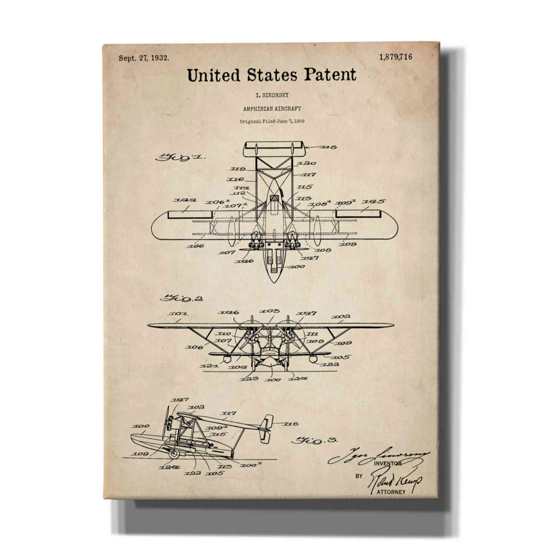 'Amphibian Aircraft Blueprint Patent Parchment,' Canvas Wall Art