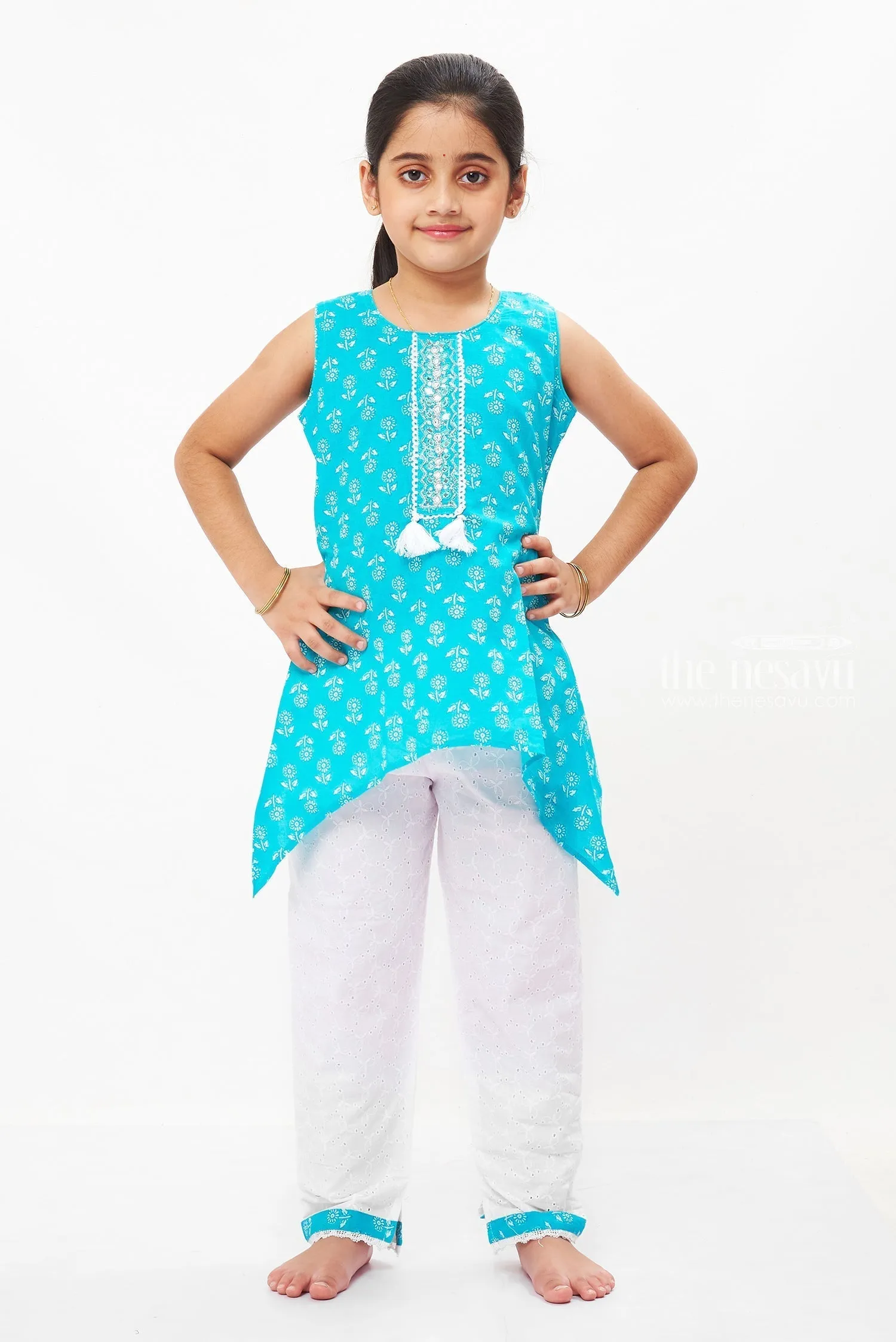 Aqua Freshness: Charming Blue Kurti and White Pant Ensemble for Girls