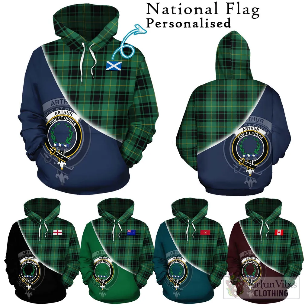 Arthur Ancient Tartan Hoodie with Personalised National Flag and Family Crest Half Style