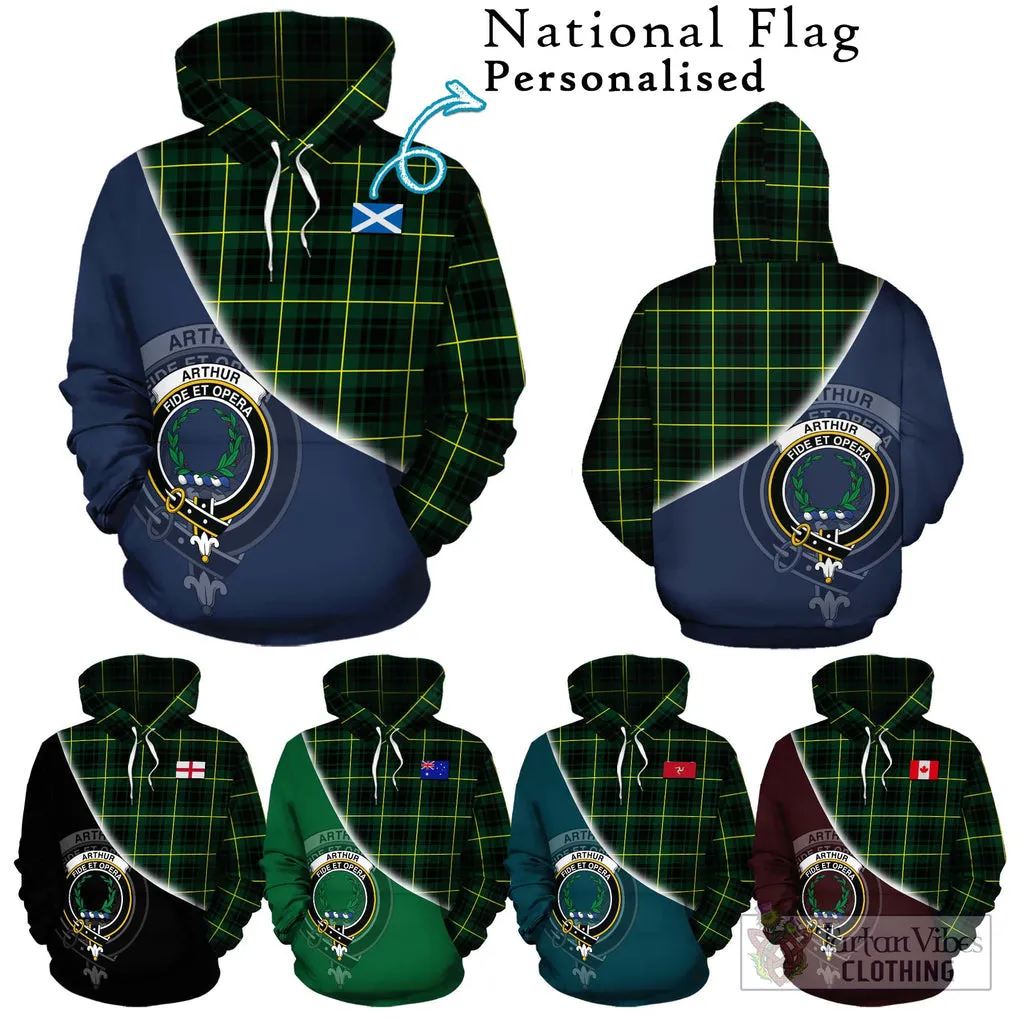 Arthur Modern Tartan Hoodie with Personalised National Flag and Family Crest Half Style