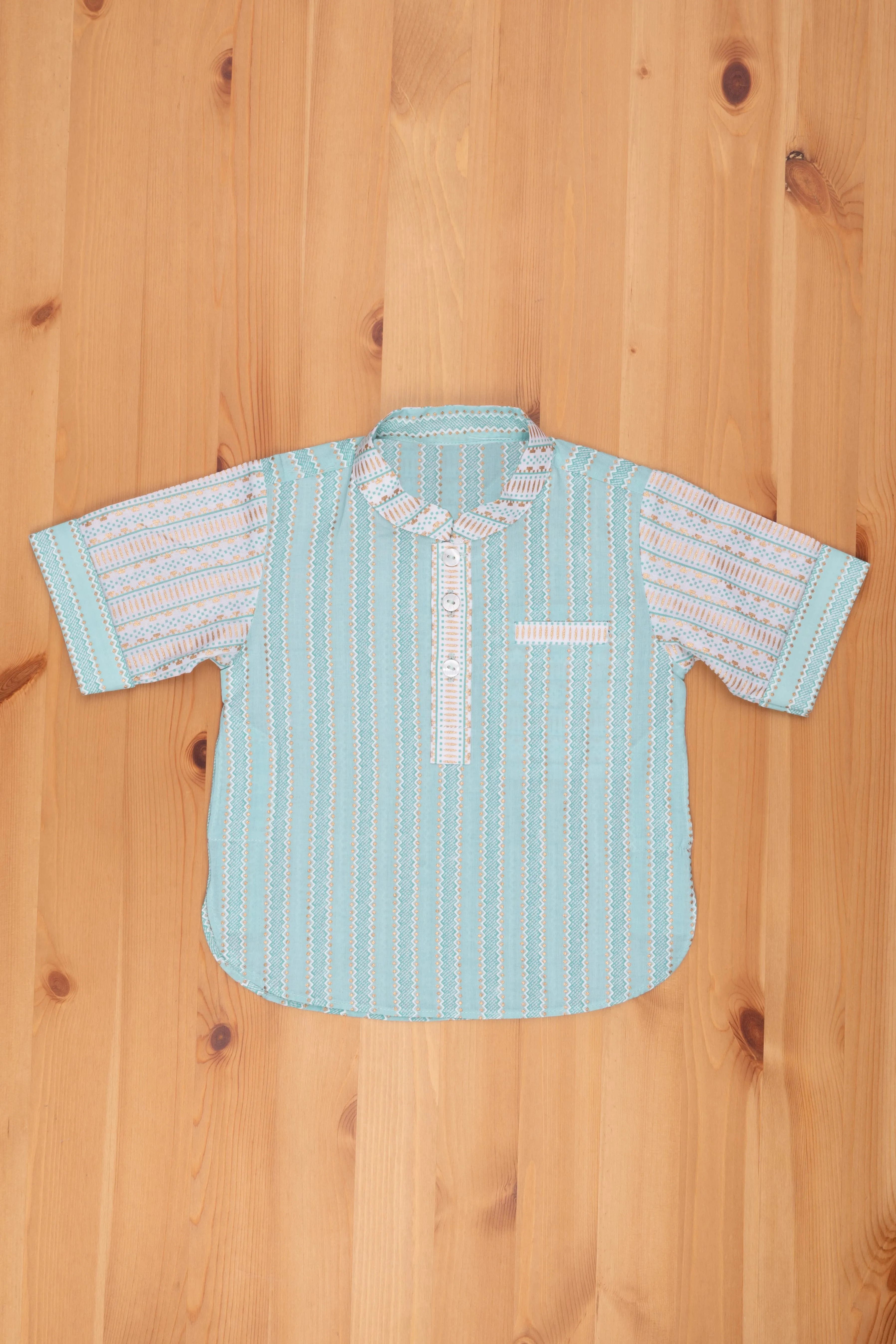 Azure Artistry: Boys Blue Shirt with Intricate Ikat Patterns, Mandarin Collar