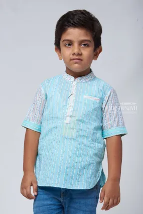 Azure Artistry: Boys Blue Shirt with Intricate Ikat Patterns, Mandarin Collar