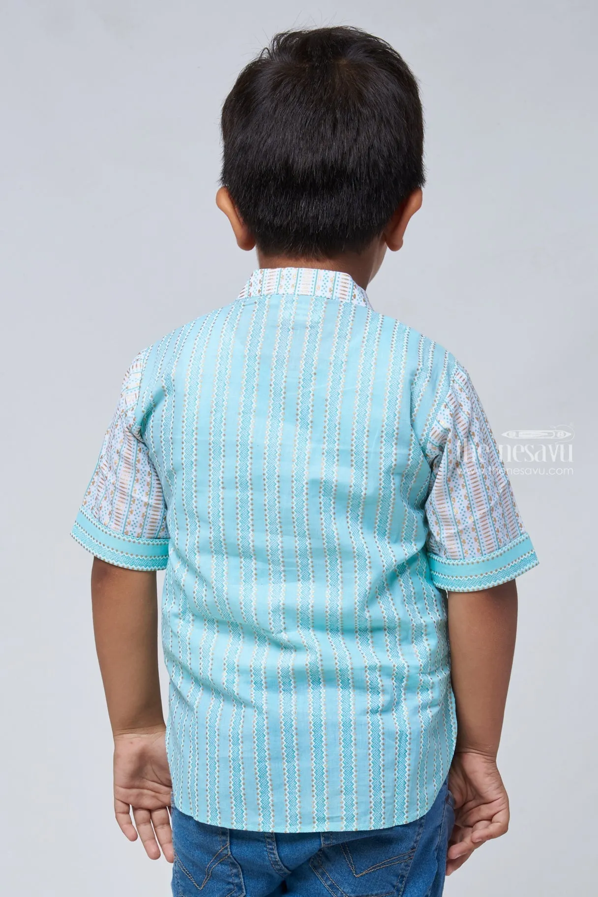 Azure Artistry: Boys Blue Shirt with Intricate Ikat Patterns, Mandarin Collar