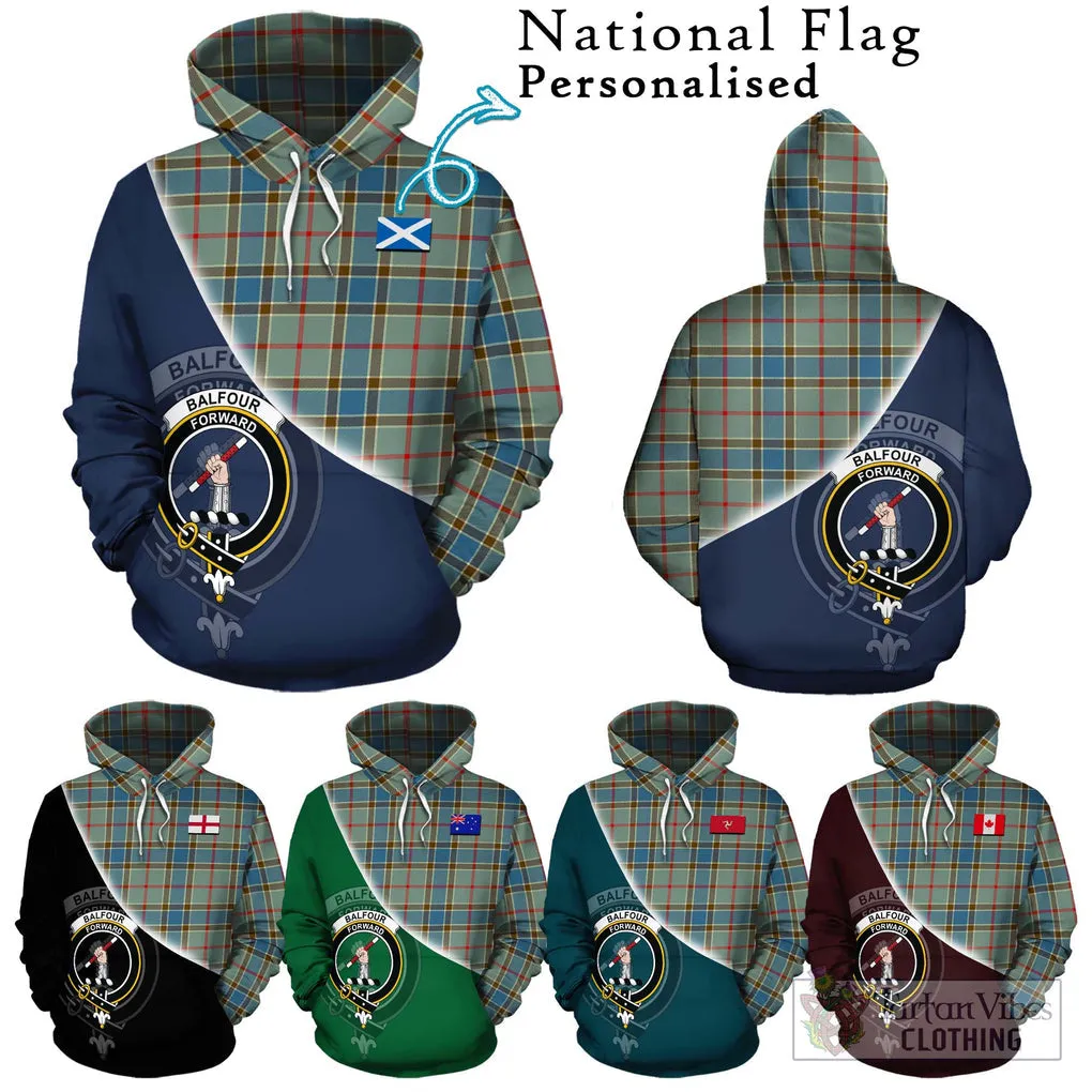 Balfour Blue Tartan Hoodie with Personalised National Flag and Family Crest Half Style