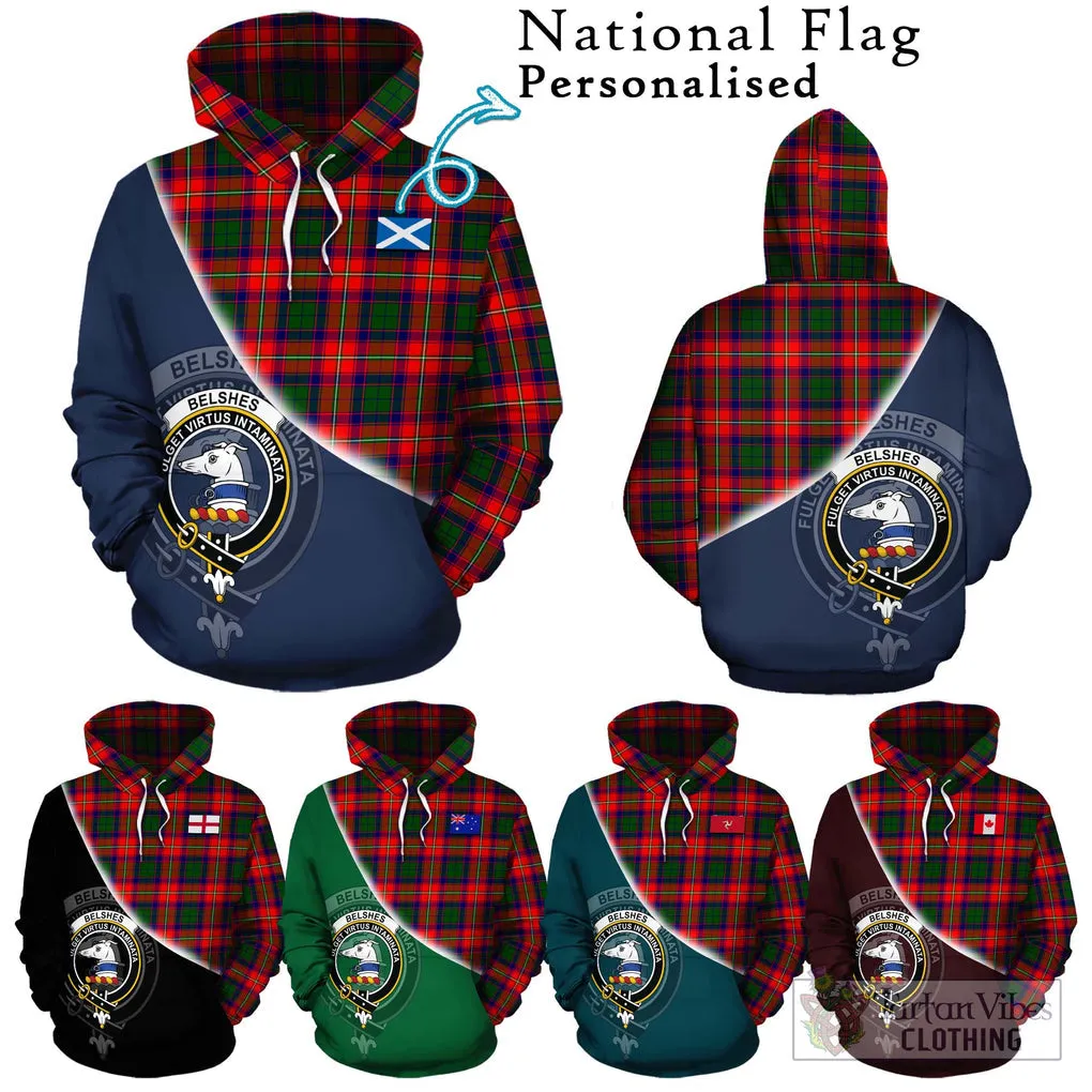 Belshes Tartan Hoodie with Personalised National Flag and Family Crest Half Style