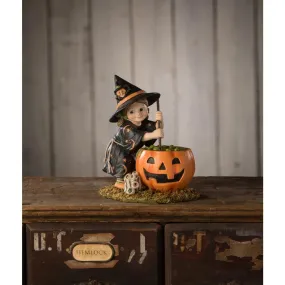 Bethany Lowe  5.75" Pumpkin Brewing Piper Girl Witch Cauldron Halloween Figure