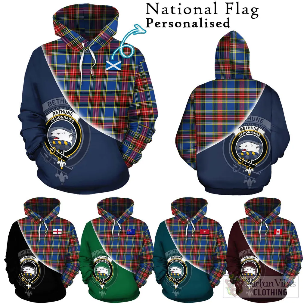 Bethune Tartan Hoodie with Personalised National Flag and Family Crest Half Style