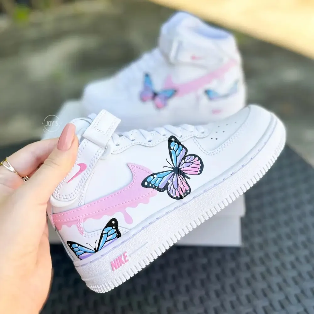 Blue and Pink Drip Butterflies Custom Air Force 1. Baby, Toddler, Little Kids