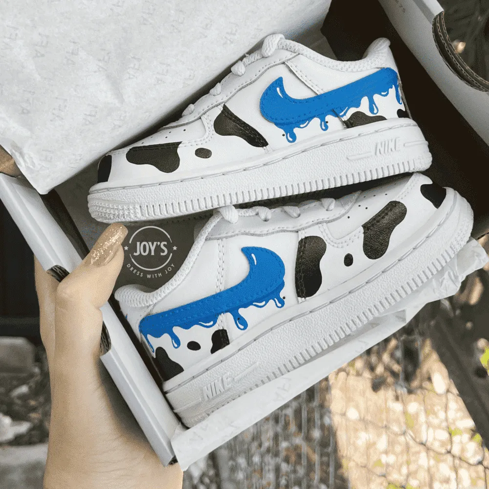 Blue Drip Cow Print Custom Air Force 1 Baby, Toddler, Little Kids