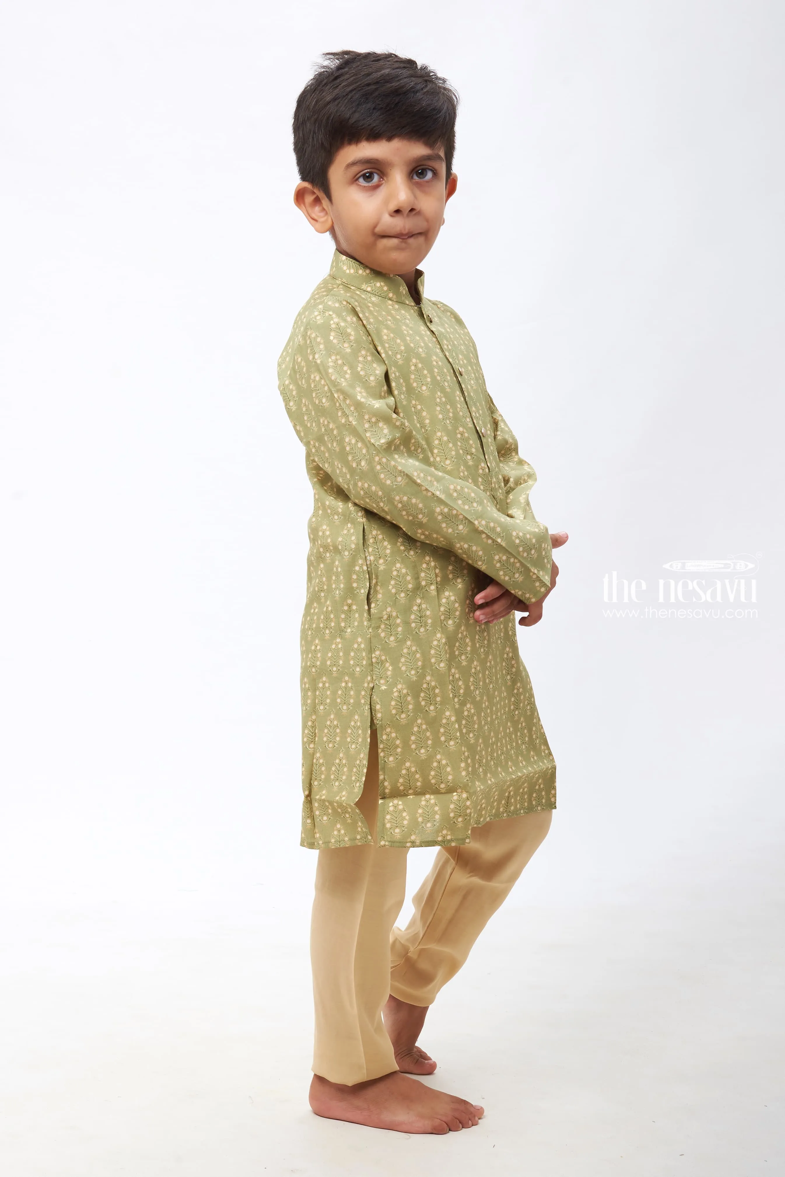 Boys Designer Kurta Pant: Paisley Patterned Forest Green Kurta Ensemble with White Trousers