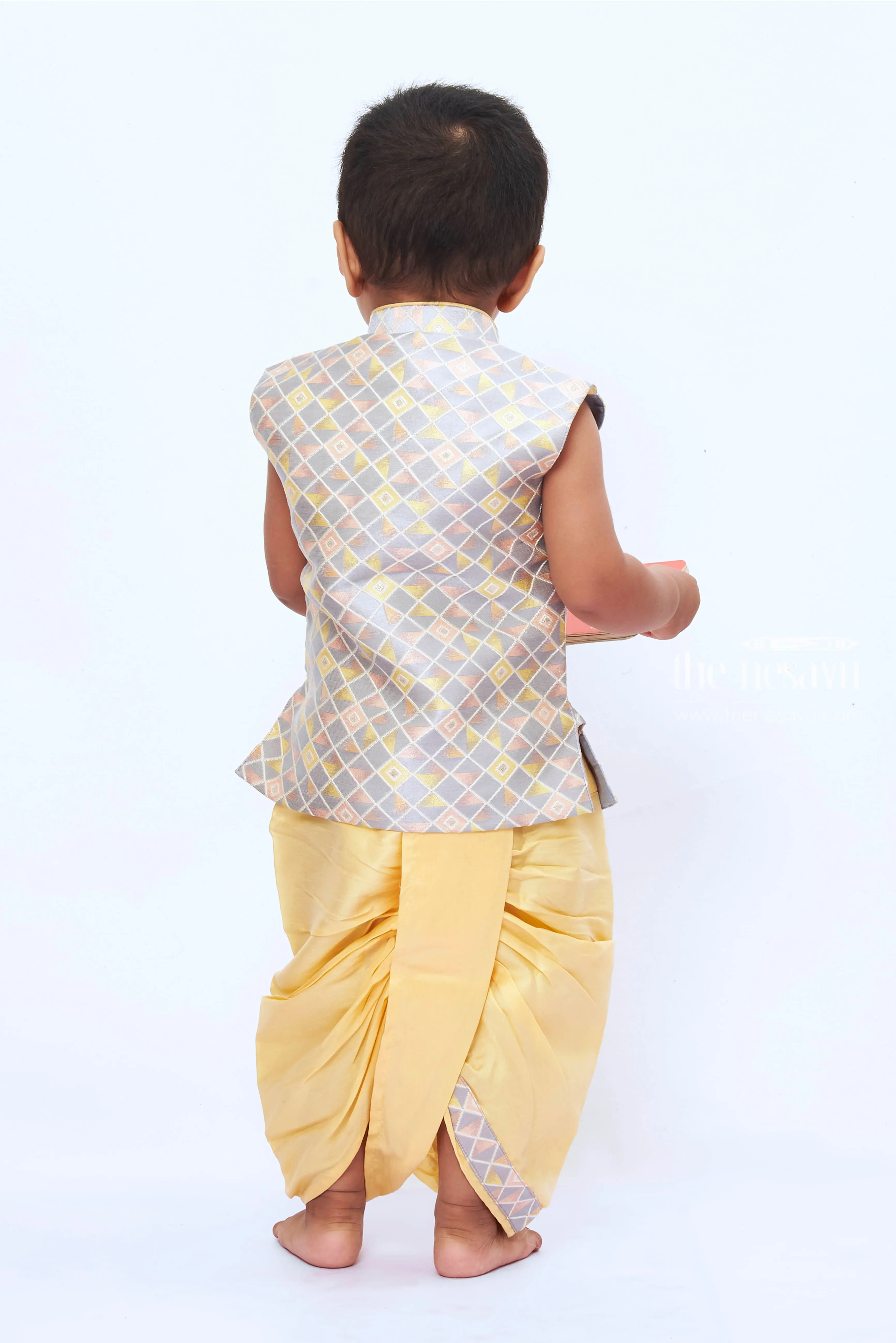 Boys Grey Kurta with Yellow Dhoti Set - A Contemporary Twist on Classic Style