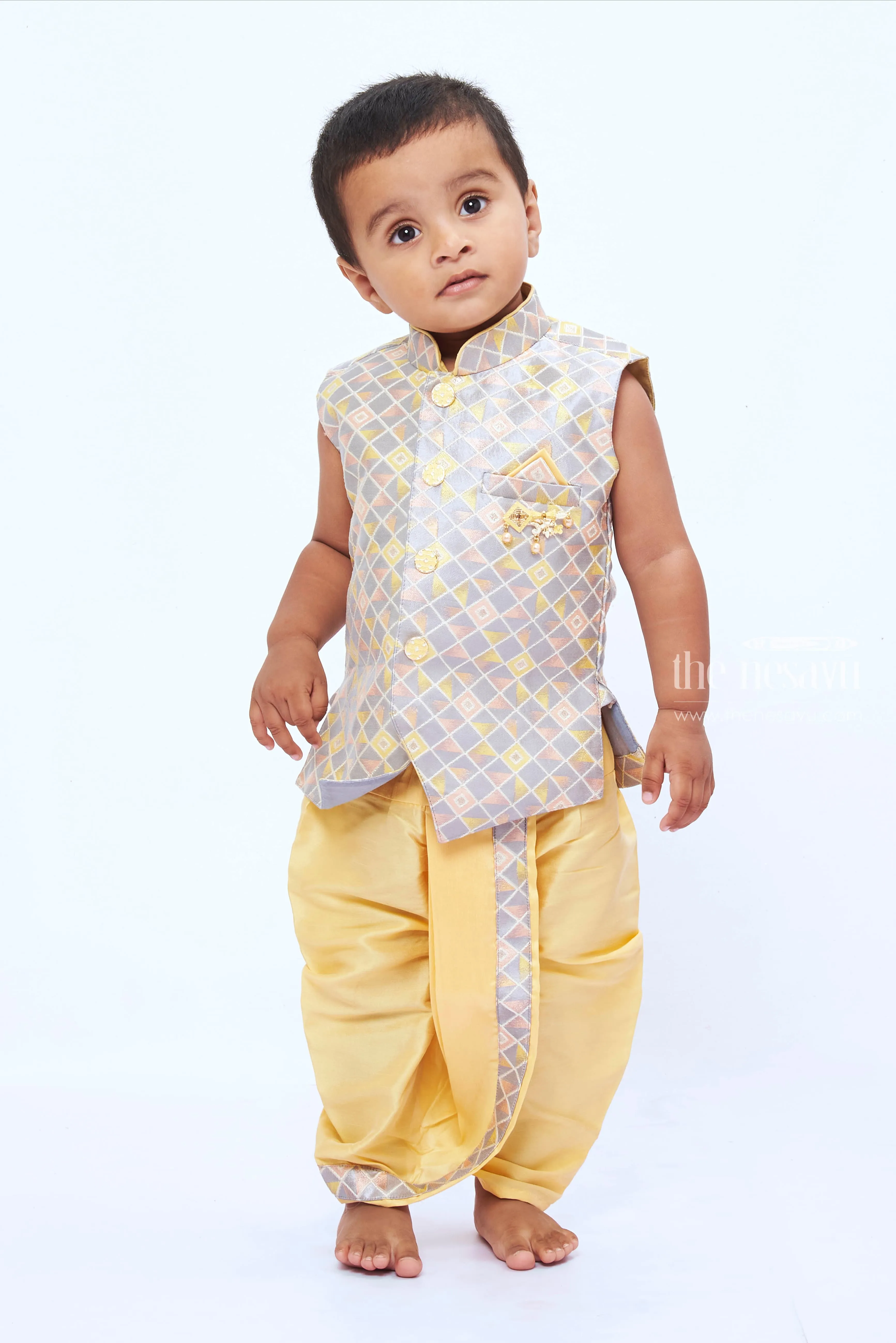 Boys Grey Kurta with Yellow Dhoti Set - A Contemporary Twist on Classic Style