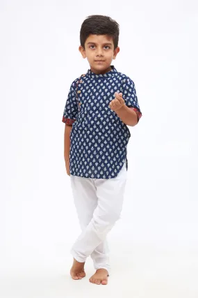 Boys Symmetrical Motif Patterned Navy Cotton Shirt with Contrasting Cuff